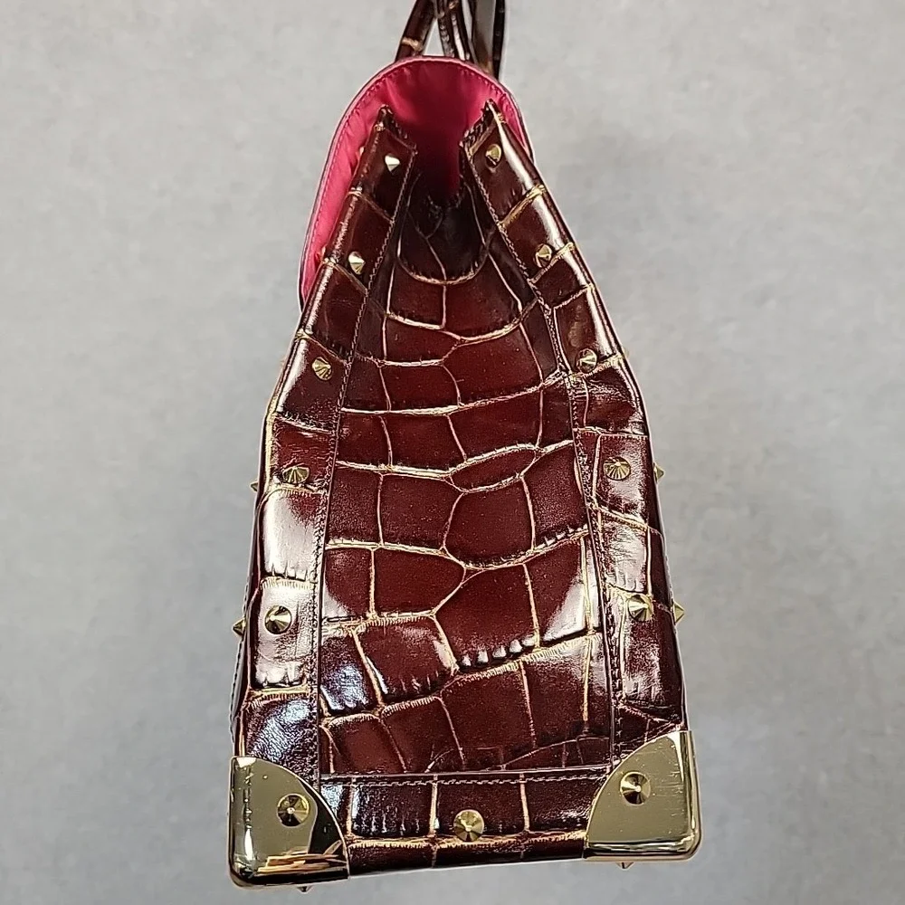 Vintage NORDSTROM Large Croco Embossed Leather Purse Hand Bag‎ Wine Gold Studded